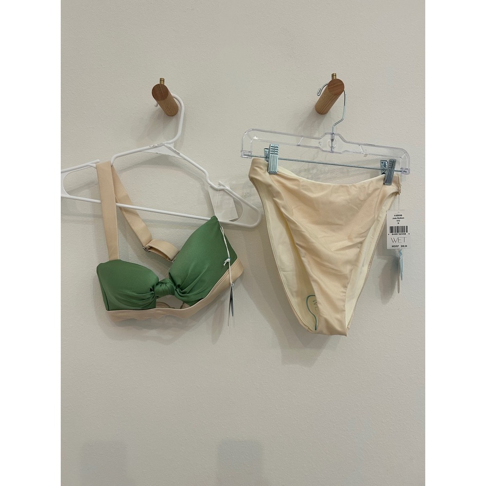 WET Swimwear Jade Bikini Set Sage Ivory Knotted Top High Leg Bottom Size Medium